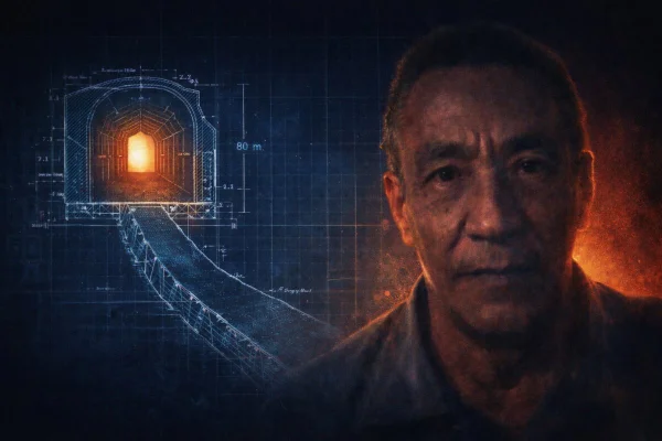 Arte gtáfica com homem, a direita, com o rosto iluminado fracamente por luz de túnel, que está a esquerda - Metrópoles