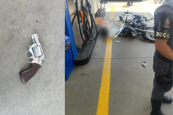 Imagem colorida mostra suspeito caído em posto de gasolina após tentativa de assalto na Vila Olímpia, em São Paulo - Metrópoles