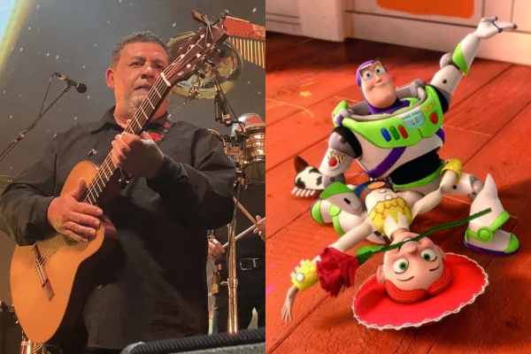 Tonino Baliardo (à esquerda) e personagens do Toy Story 3 ( à direita)