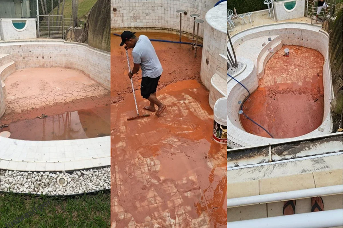 A piscina da residência de Leonardo após o muro desabar A piscina da residência de Leonardo após o muro desabar