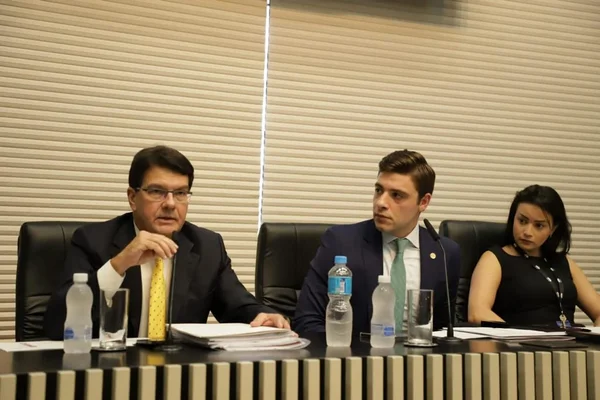 Fotografia colorida mostra o presidente da Enel, Max Xavier Lins, em depoimento à CPI na Alesp