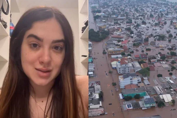 montagem com foto de mulher e foto do rio grande do sul submerso - metrópoles