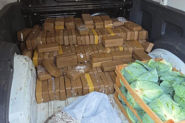 Imagem colorida de blocos de pasta base de cocaína no fundo de uma Fiorino. Metrópoles