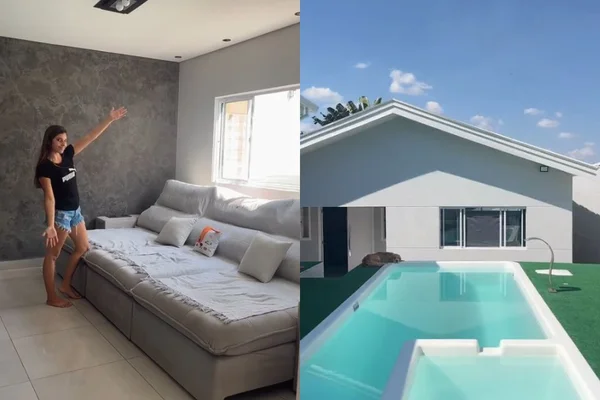 Foto colorida de uma casa com piscina e uma jovem em frente ao sofá - Metrópoles