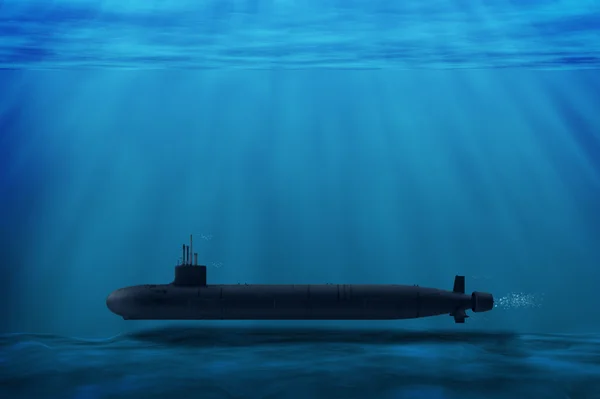 Imagem de um submarino da cor preta no fundo do mar, uma imensidão azul - Metrópoles