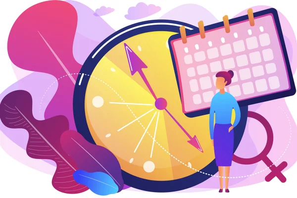 Ilustração de mulher com relógio e calendário representando a menopausa - Metrópoles