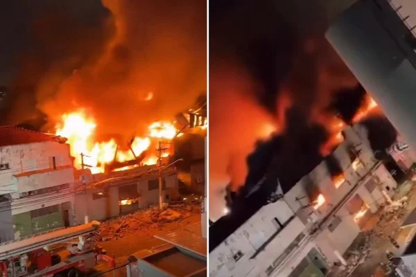 Imagem colorida mostra incêndio em fábrica de mesas de sinuca no Brás. Metrópoles