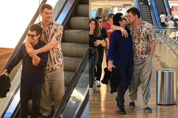 Carmo Dalla Vecchia trocando beijos com amigo em shopping tela dividida com duas fotos - Metrópoles