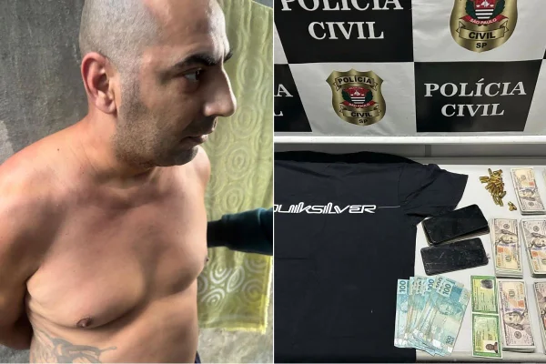 Montagem com foto de Diego Henrique de Souza (à esquerda), apontado como suspeito de latrocínio, e material apreendido na casa onde ele estava escondido (à direita), em São Vicente.