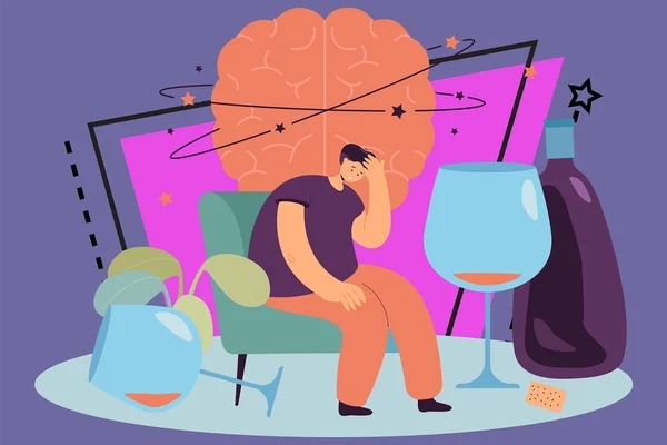 Ilustração mostra pessoa de ressaca sentada entre taças e garrafas pós festa - Metrópoles