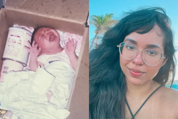 Montagem com fotos coloridas de camila recém-nascida, na caixa de papelão, e atualmente, com 24 anos - Metrópoles