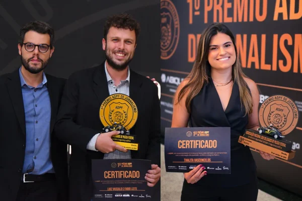 Montagem com imagens dos jornalistas Fabio Leite, Luiz Vassallo e Thalita Vasconcellos, vencedores do prêmio ADPF de jornalismo