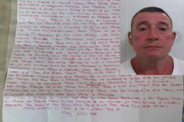 Reprodução de folha de papel, manuscrita de vermelho, com foto em destaque, na extrema direita superior, de homem branco, sem barba e cabelo curto - Metrópoles