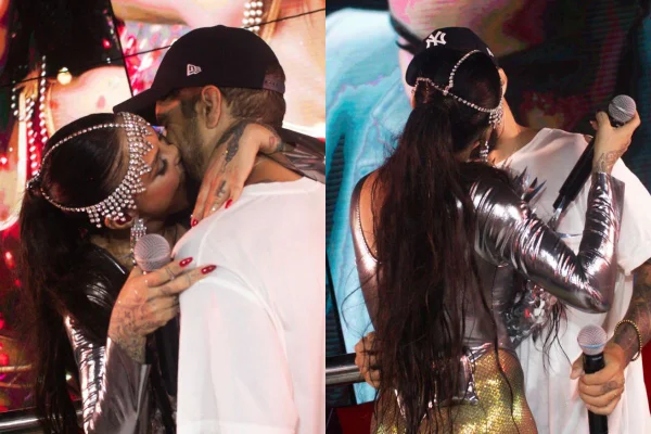 Montagem colorida de Caio Castro e Alinne Rosa se beijando no trio - Metrópoles