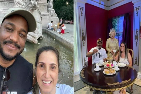 Imagem colorida de um casal em lugares turisticos