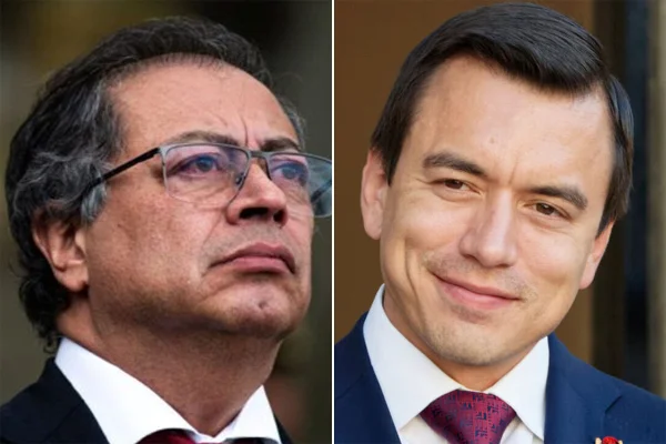 À esquerda, presidente da Colômbia Gustavo Petro. À direita, presidente do Equador, Daniel Noboa
