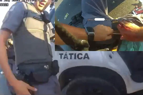 Imagem colorida de PM fardado em frente à viatura, com destaque na lateral direita superior de mãos fazendo curativo em uma perna ferida - Metrópoles