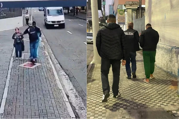 Montagem colorida mostrando momento em que "gangue do patinete" ataca idosa em rua