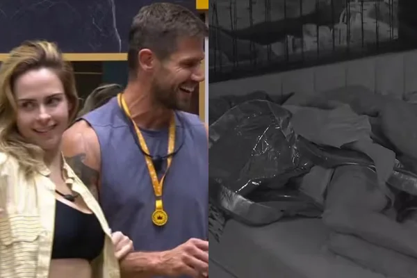 Imagem colorida de Ana Paula e Jonas no BBB 26. Ao lado, uma foto em preto e branco dos dois deitados em uma cama - Metrópoles