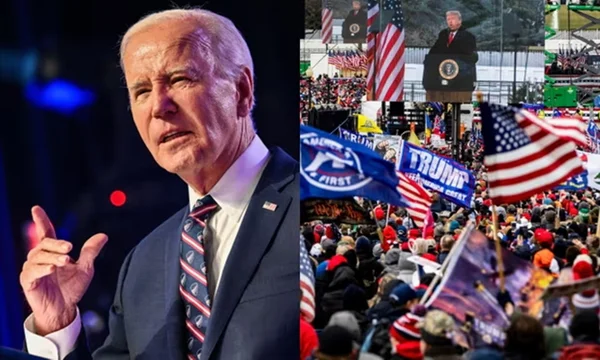 imagem colorida do presidente dos EUA, Joe Biden à esquerda e, à direita, apoiadores com bandeira dos EUA - Metrópoles