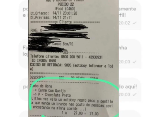 Imagem de pedido de lanchonete, com acusações racistas de cliente no Rio Grande do Sul - Metrópoles