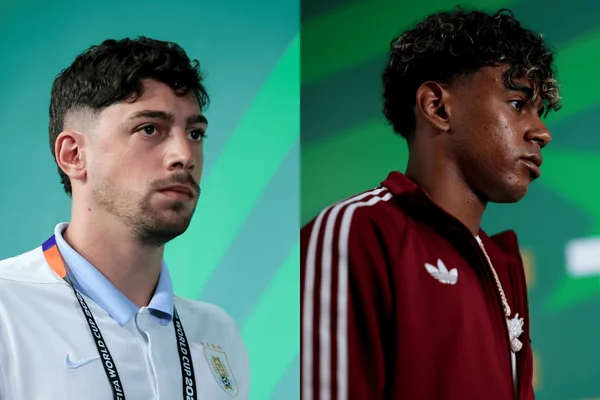Fede Valverde e Lamine Yamal antes do confronto entre Uruguai x Espanha pela Copa do Mundo