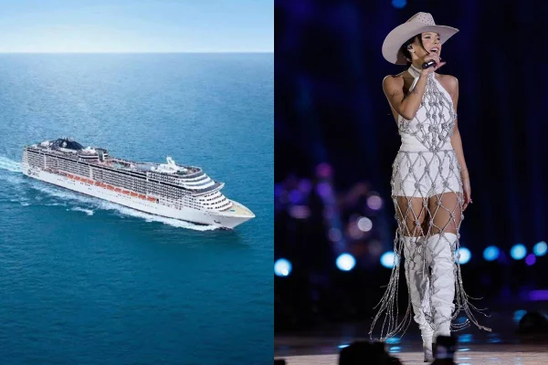 Montagem com fotos coloridas de navio e da cantora Ana Castela - Metrópoles