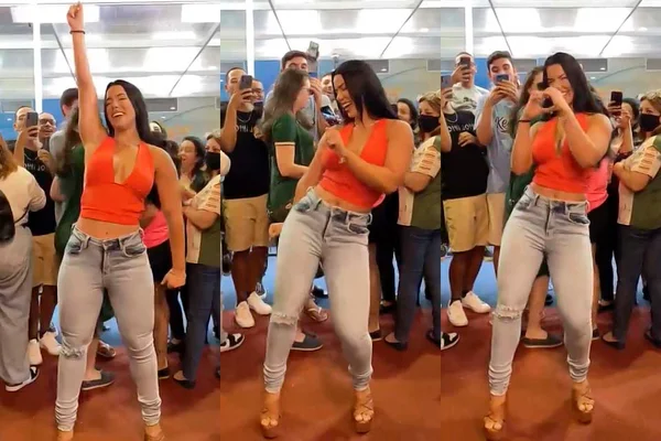 Larissa Tomásia dança Socadona em frente à Casa de Vidro do BBB23 - Metrópoles