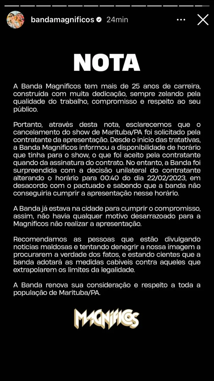 Nota da Banda Magníficos sobre o caso Nota da Banda Magníficos sobre o caso