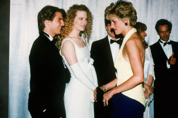 encontro da princesa Diana com os atores Tom Cruise e Nicole Kidman