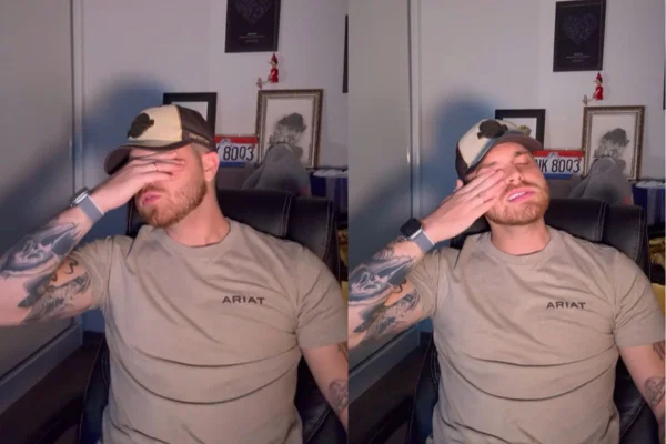 Montagem de duas imagens coloridas sobre influencer Gustavo Tubarão desabafando em vídeo