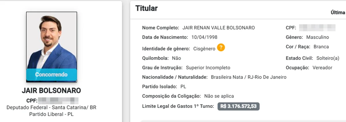 Registro no TSE de Jair Renan Bolsonaro em 2026 quando concorre ao cargo de deputado federal Registro no TSE de Jair Renan Bolsonaro em 2026 quando concorre ao cargo de deputado federal