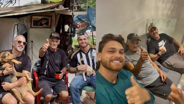 Foto colorida de montagem de fotos da dupla de criadores com Antônio, idoso que vivia nas ruas