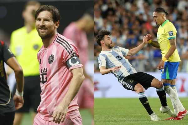 Foto colorida de Lionel Messi e Raphinha - Metrópoles