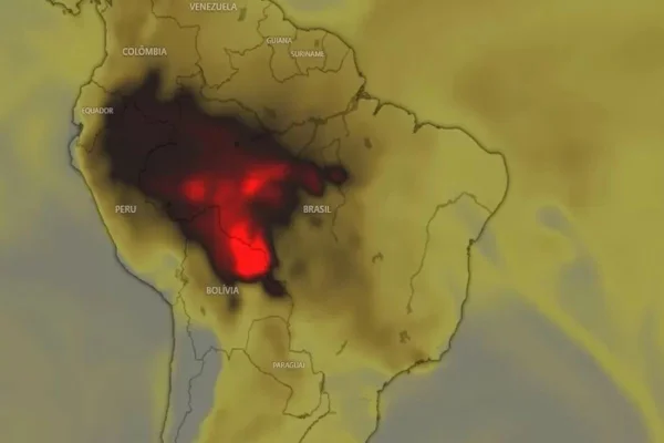 Imagem colorida de mapa com mancha de fogo - Metrópoles