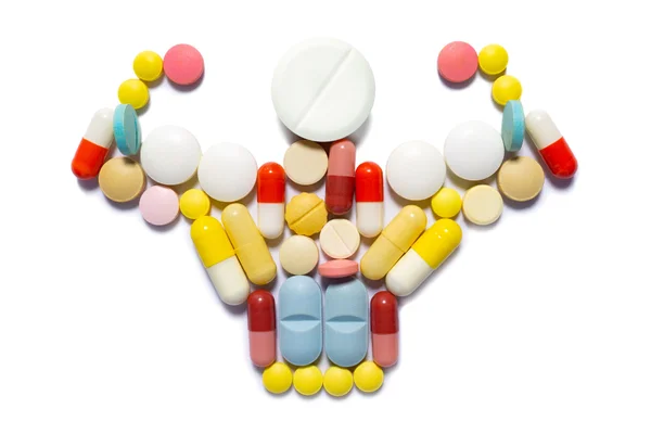 Foto do conceito criativo de medicina, saúde e esporte de homem, pessoa, feita de pílulas, drogas, fisiculturista, corredor, esportista, esteroides, doping. Homônio do crescimento, GH