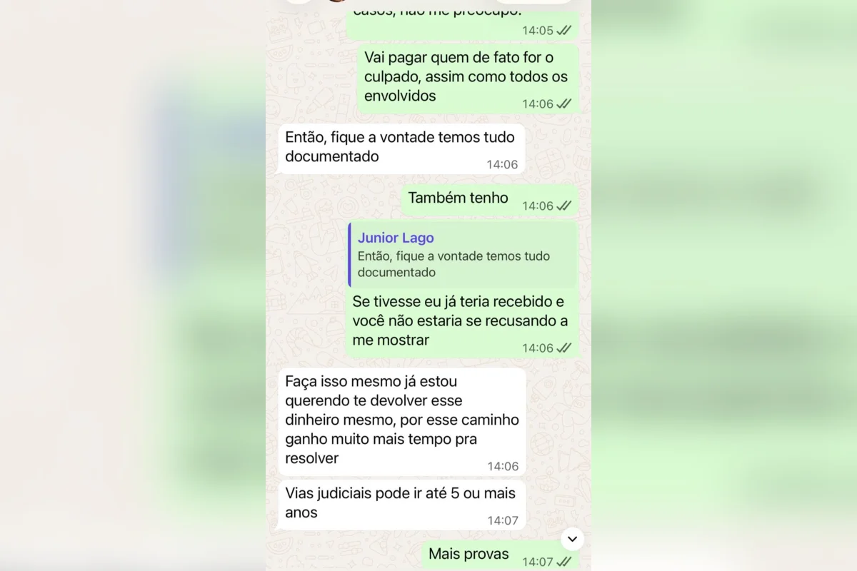 Prints de mensagens trocadas por meio das redes sociais revelam que o homem que representa o grupo de sócios de fato se nega a devolver o valor Prints de mensagens trocadas por meio das redes sociais revelam que o homem que representa o grupo de sócios de fato se nega a devolver o valor