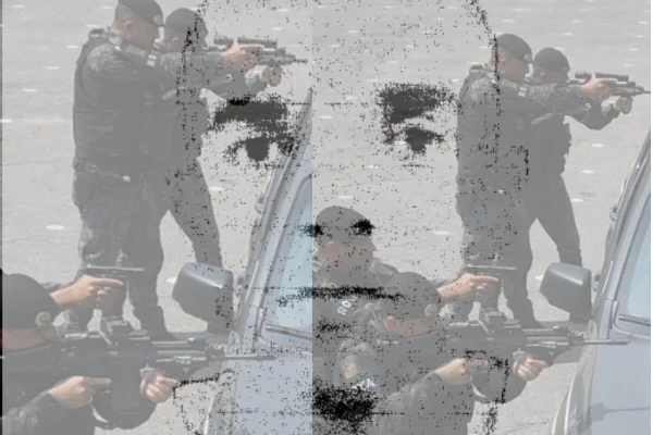 Arte gr´fica de rosto translucido de homem branco, careca e em barba, sobre foto de policiais empihando fuzis e pistolas, armas com as quais miram para alvo - Metrópoles