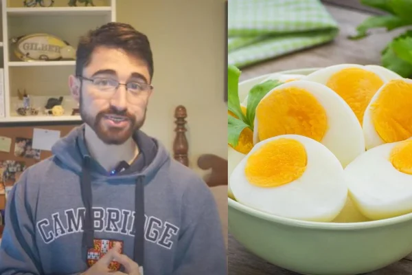 Imagem do lado esquerdo mostra Nick Norwitz, um homem branco, com barba, usando óculos e casaco azul da faculdade de Cambridge. A imagem da direita mostra uma tigela cheia de ovos cozidos cortados. Metrópoles