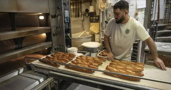 imagem colorida Padeiro retira pães do forno em uma padaria de Paris, em 16 de dezembro de 2024