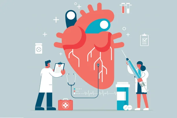 Ilustração mostra dois médicos com jaleco analisando um coração gigante - Metrópoles
