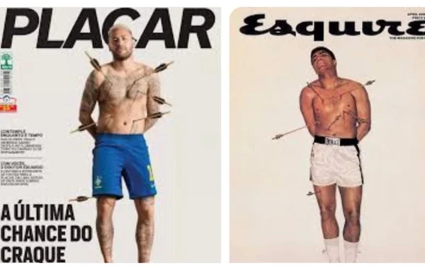 Neymar, cheio de flechas, retratado como Muhammad Ali e São Sebastião