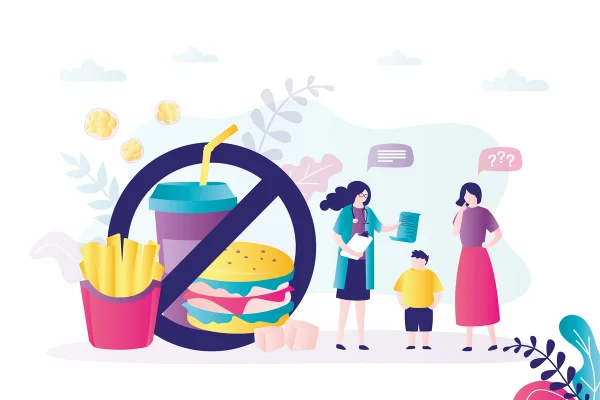 Ilustração mostra médica conversando com mãe e filho, que é obeso, e um desenho de batata frita, hamburguer e refrigerante com símbolo de proibido - Metrópoles