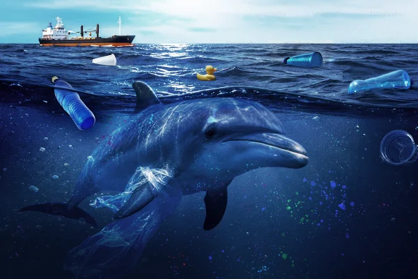 Imagem mostra um golfinho no mar cheio de plástico - Metrópoles