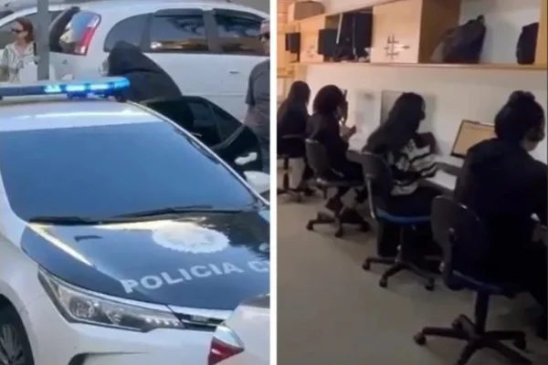 Imagem colorida, viatura da Polícia Civil e, ao lado, funcionários de 'Call Centers' - Metrópoles