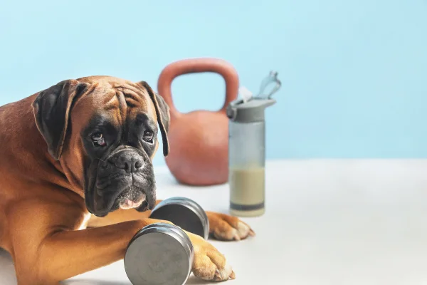 cachorro ao lado de pesos e whey protein
