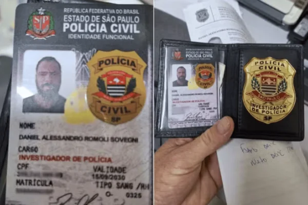 Imagem colorida de uma falsa carteira funcional da Polícia Civil usada por um homem que queria assistir um jogo de futebol - Metrópoles
