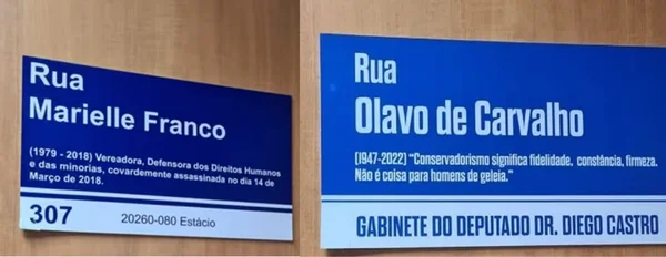 Placas de Marielle Franco e de Olavo de Carvalho