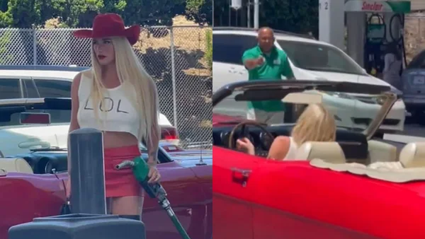 Fotografia colorida de Kesha sendo expulsa do posto de gasolina