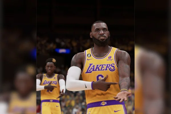 Imagem colorida de boneco do Lebron James apontando para tautagem no video game - Metrópoles